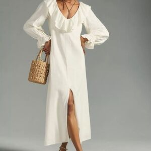 Anthropologie Porridge Women’s Ruffled Long Sleeve Ivory White Linen Midi Dress